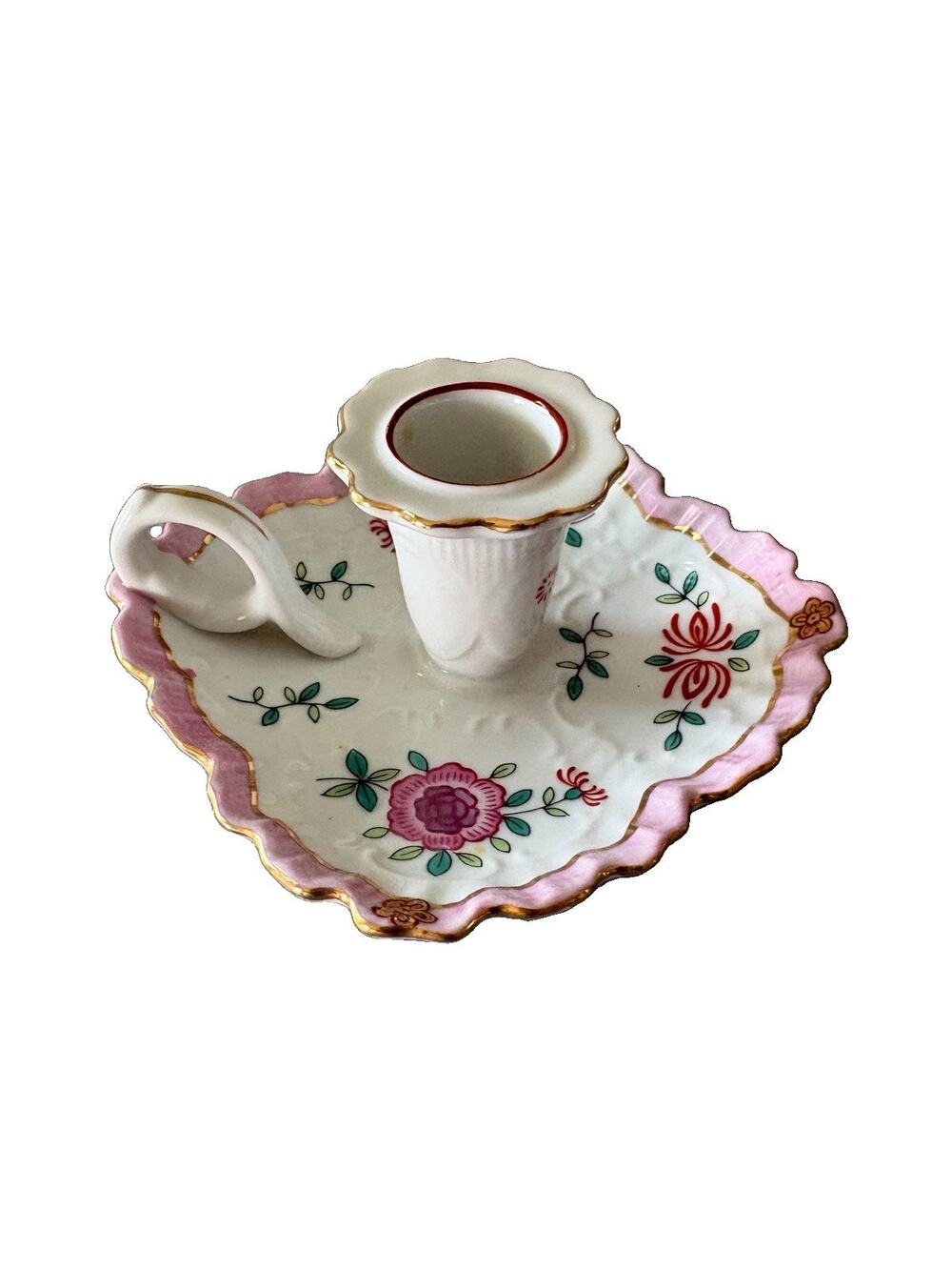 Vintage Lord & Taylor Japan Floral Chamberstick Finger Loop Candle Holder
